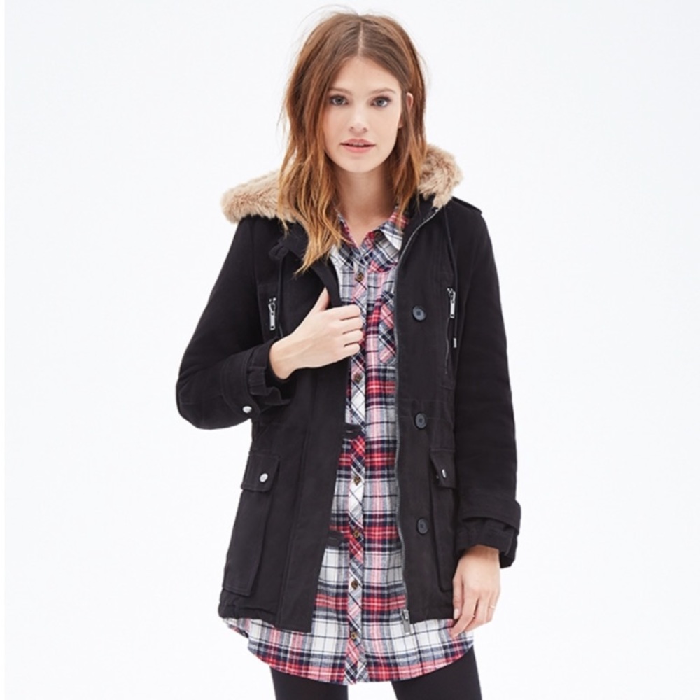 Forever 21 Women's Black Faux Fur Hooded Parka